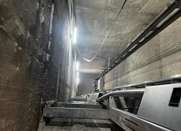 The installation of guides and elevator equipment, including the cabin, is completed